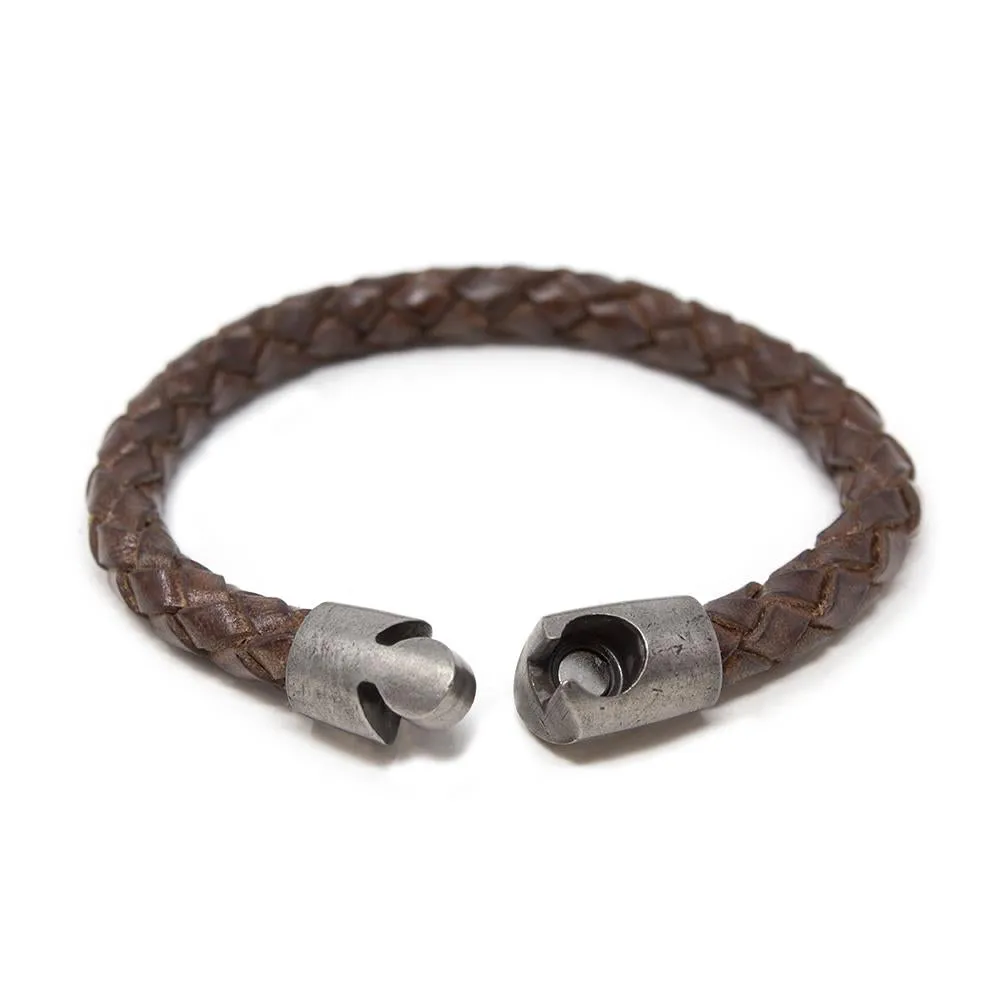 Braided Leather Bracelet with Puzzle Clasp Brown Medium