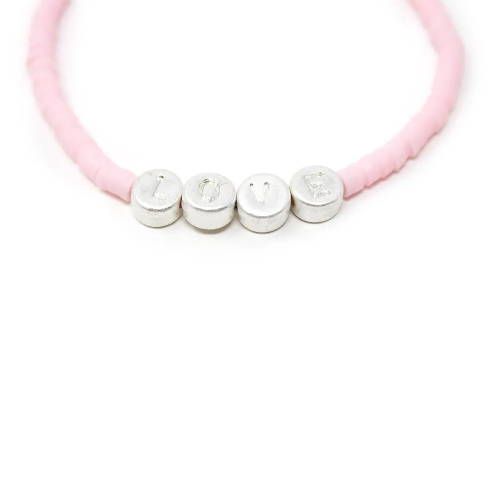 Celluloid Disc Beads LOVE Stretch Bracelet Pink