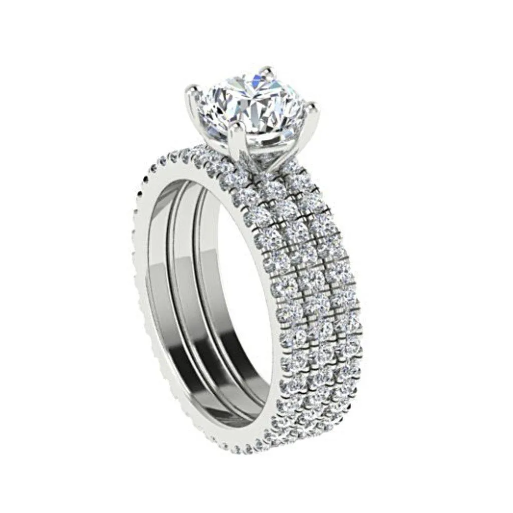 Diamond Engagement Ring and Eternity Bands Set 18K White Gold