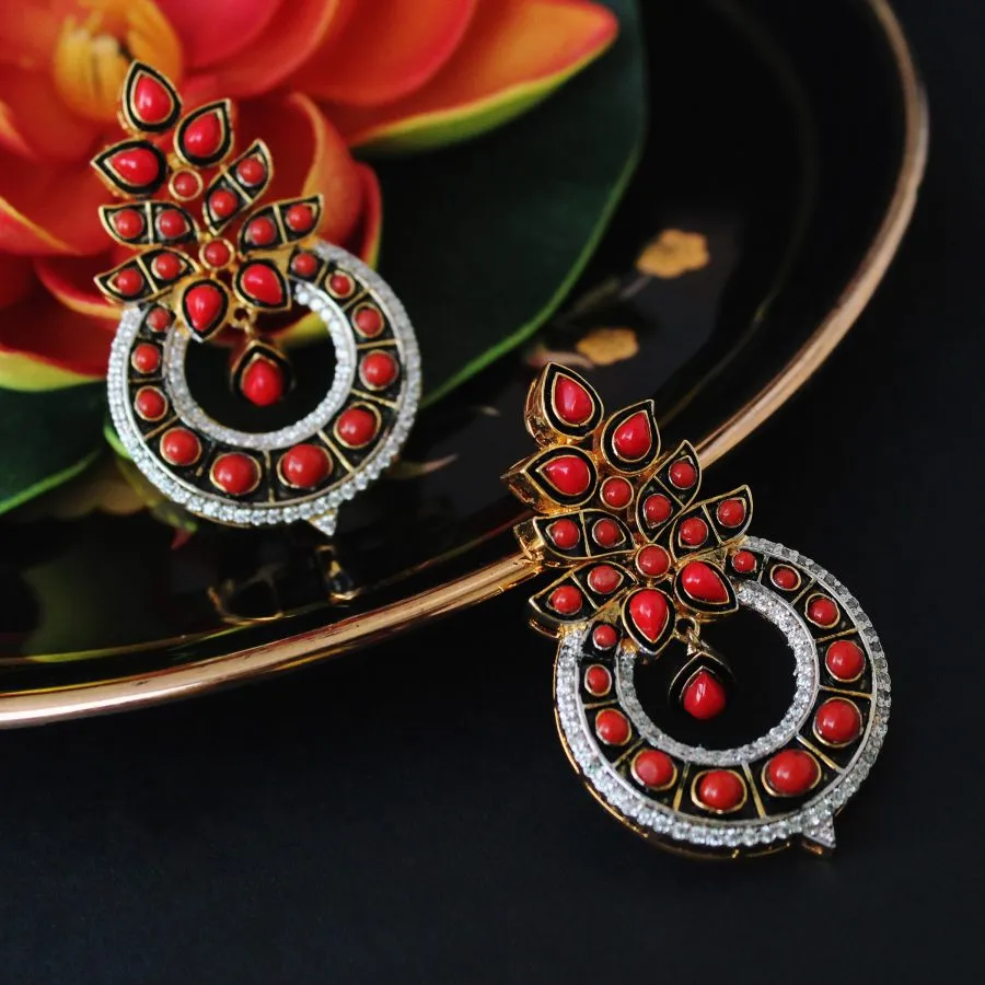 Earrings with Coral, Enamel and Zircons