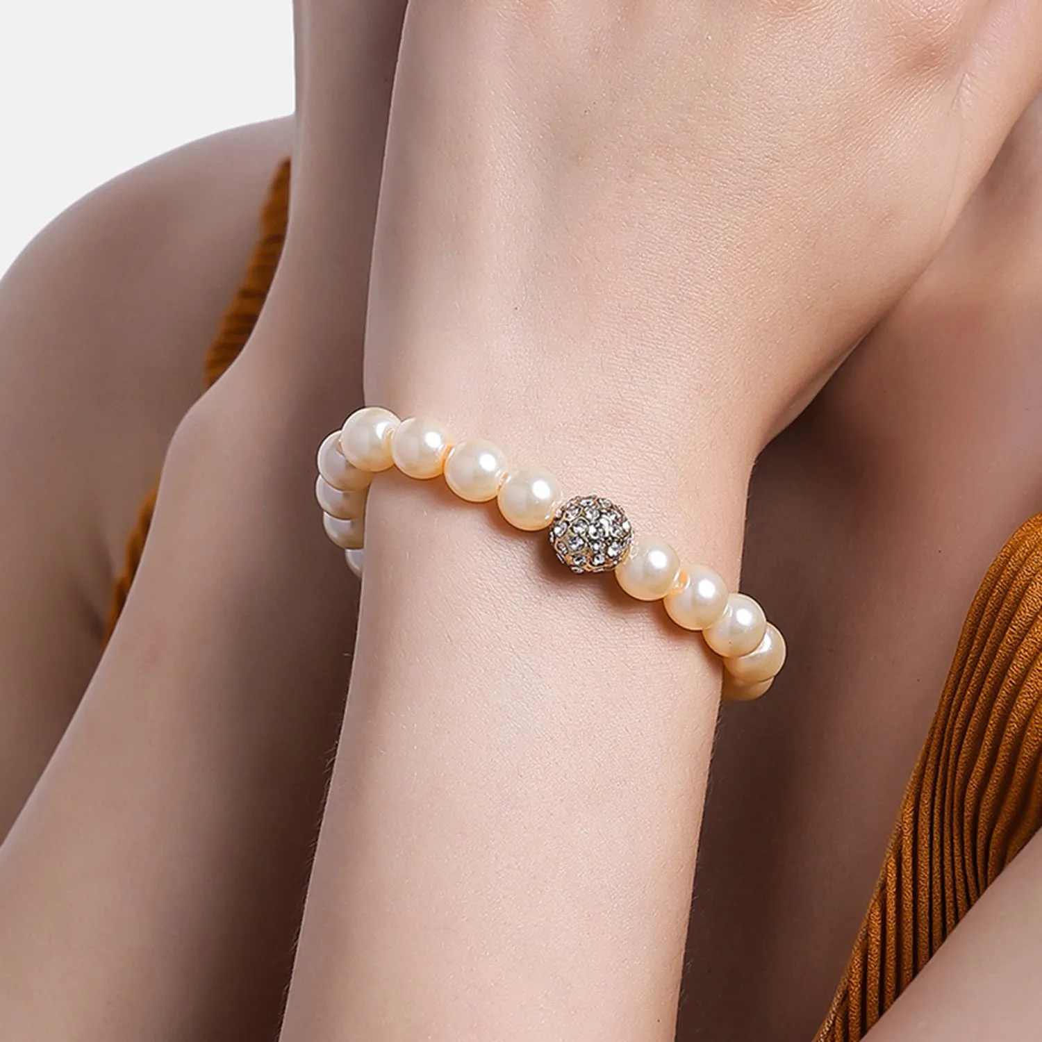 Estele - Fancy Cream Pearl Single line Bracelet with Crystal Balls