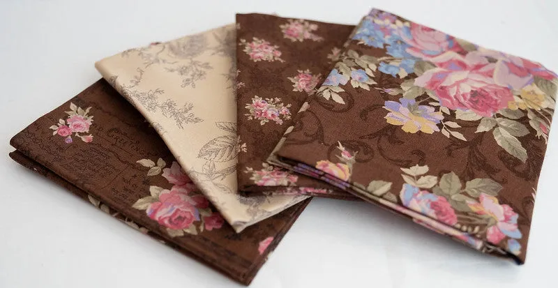 Fabric Bundle of 4 Fat Quarters from Antique Rose Collection, Brown/Parchment, From Lecien, Japan