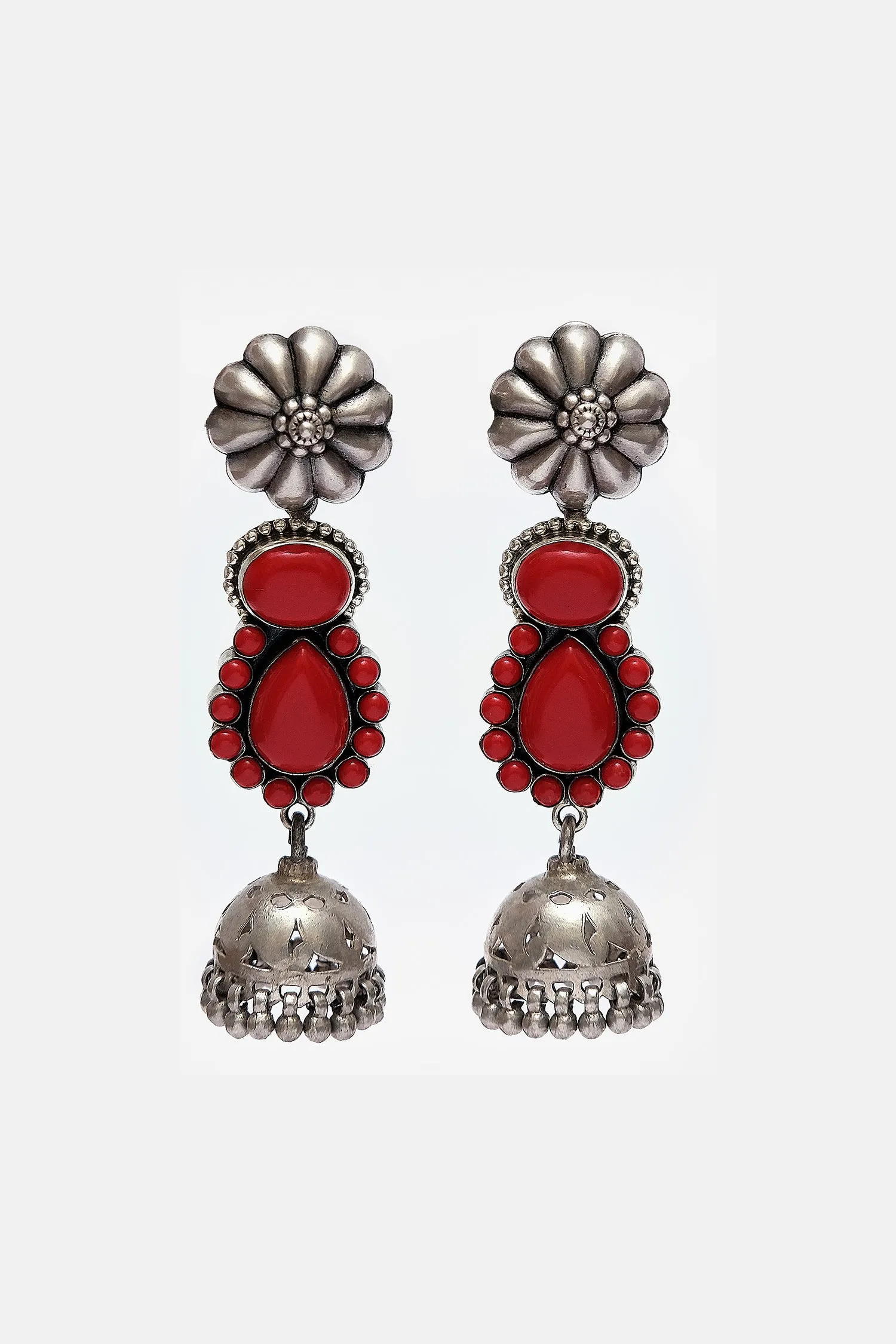 Flower Motif Red Stone Jhumkis