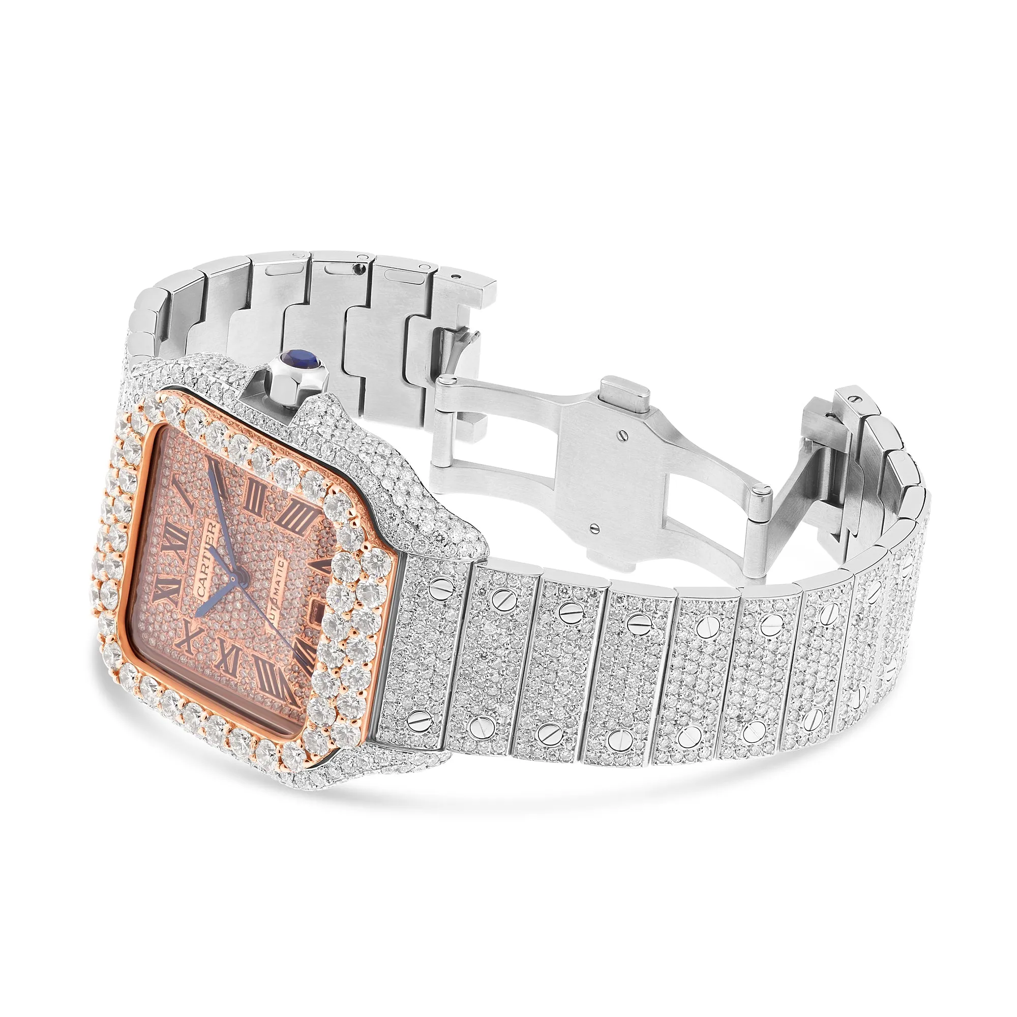 40mm Santos Full Diamond Cartier Watch in Rose Gold with Diamond Dial WSSA0018