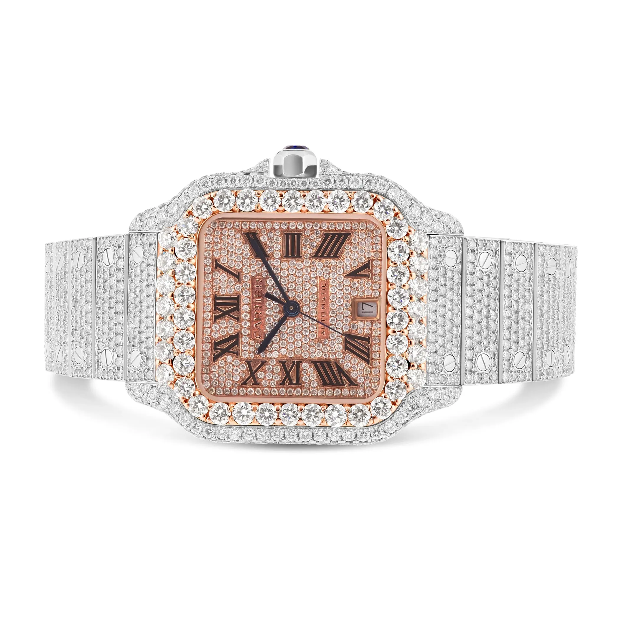 40mm Santos Full Diamond Cartier Watch in Rose Gold with Diamond Dial WSSA0018