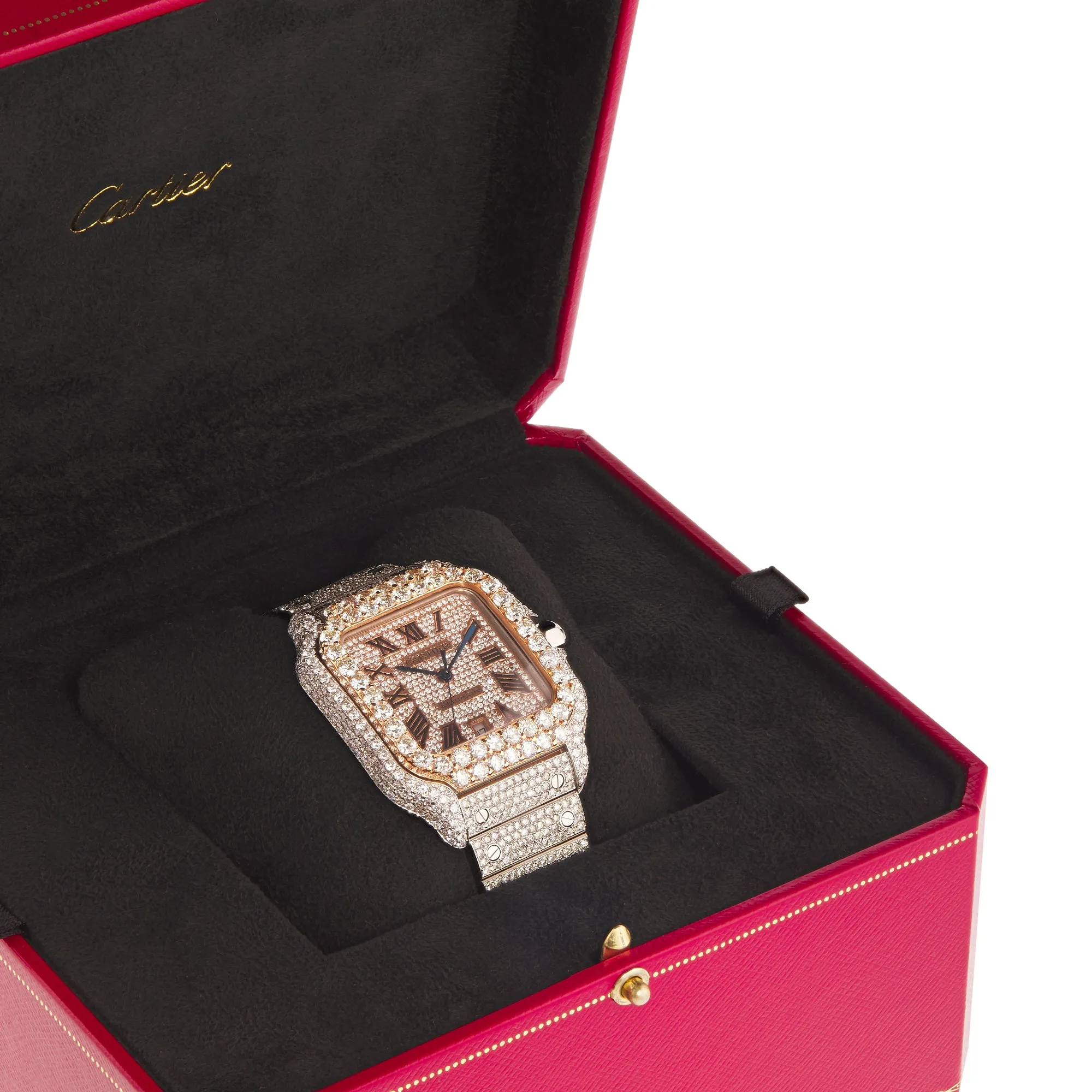 40mm Santos Full Diamond Cartier Watch in Rose Gold with Diamond Dial WSSA0018