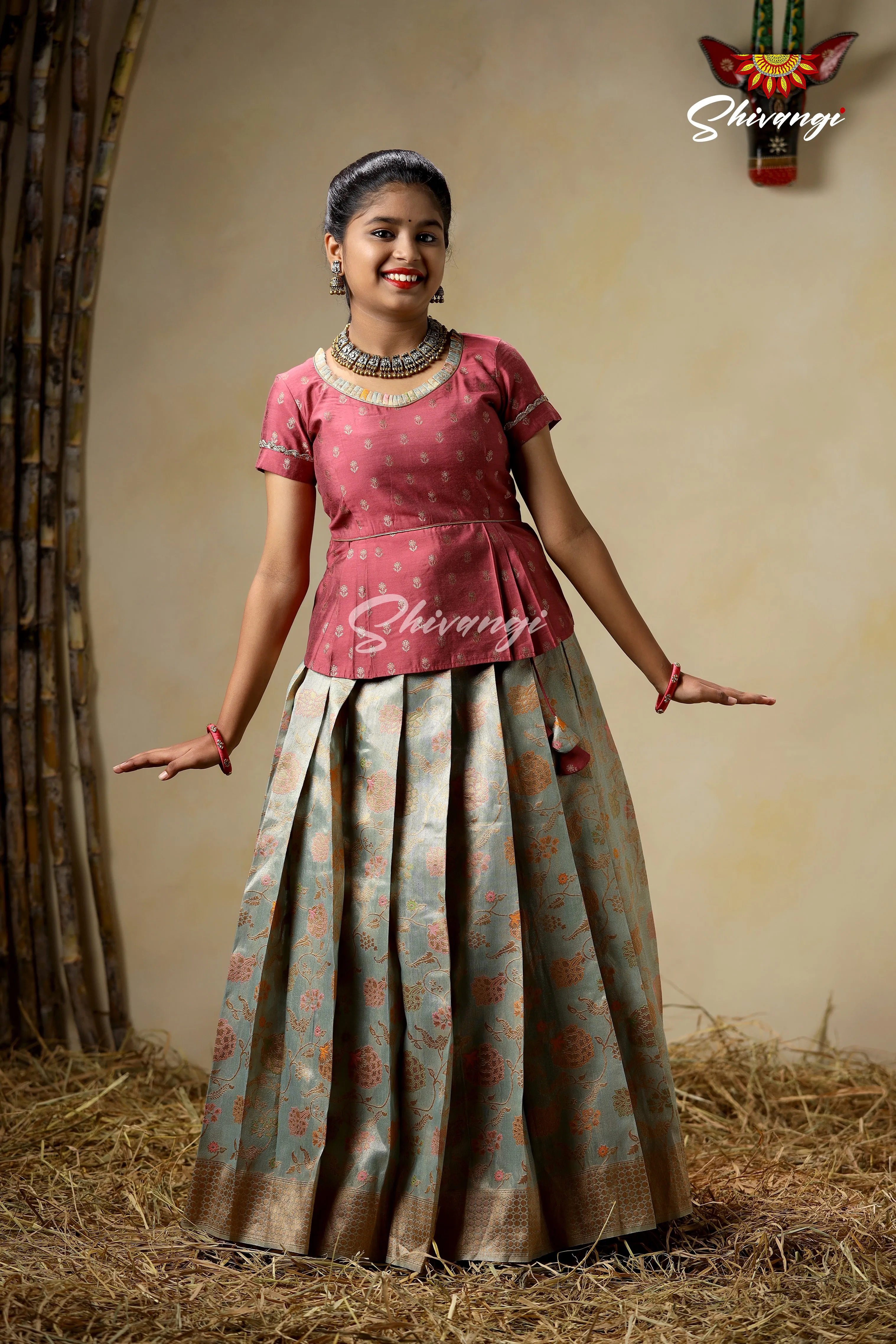 Girls Blue Pine Creeper Pattu Pavadai Langa Designs