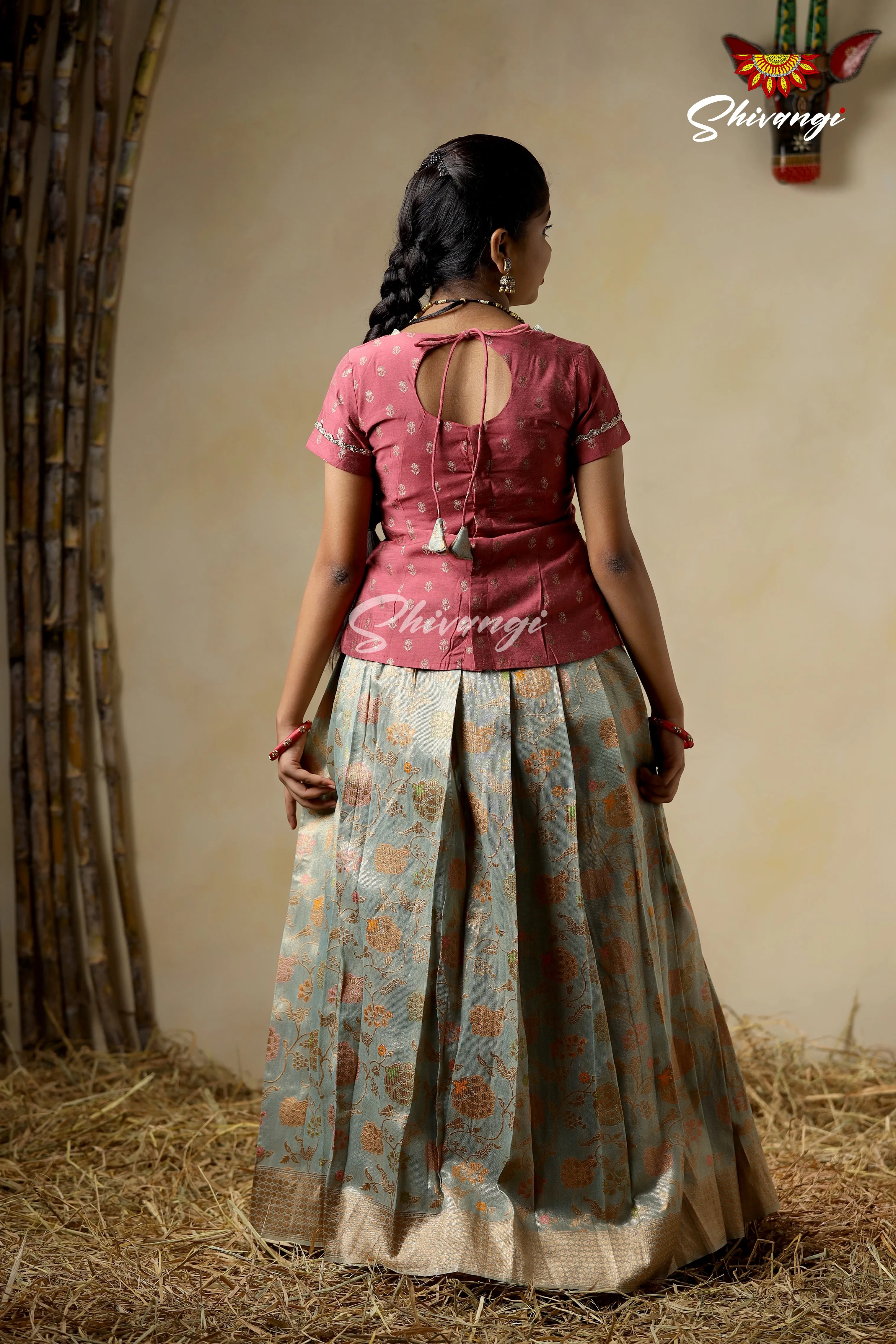 Girls Blue Pine Creeper Pattu Pavadai Langa Designs