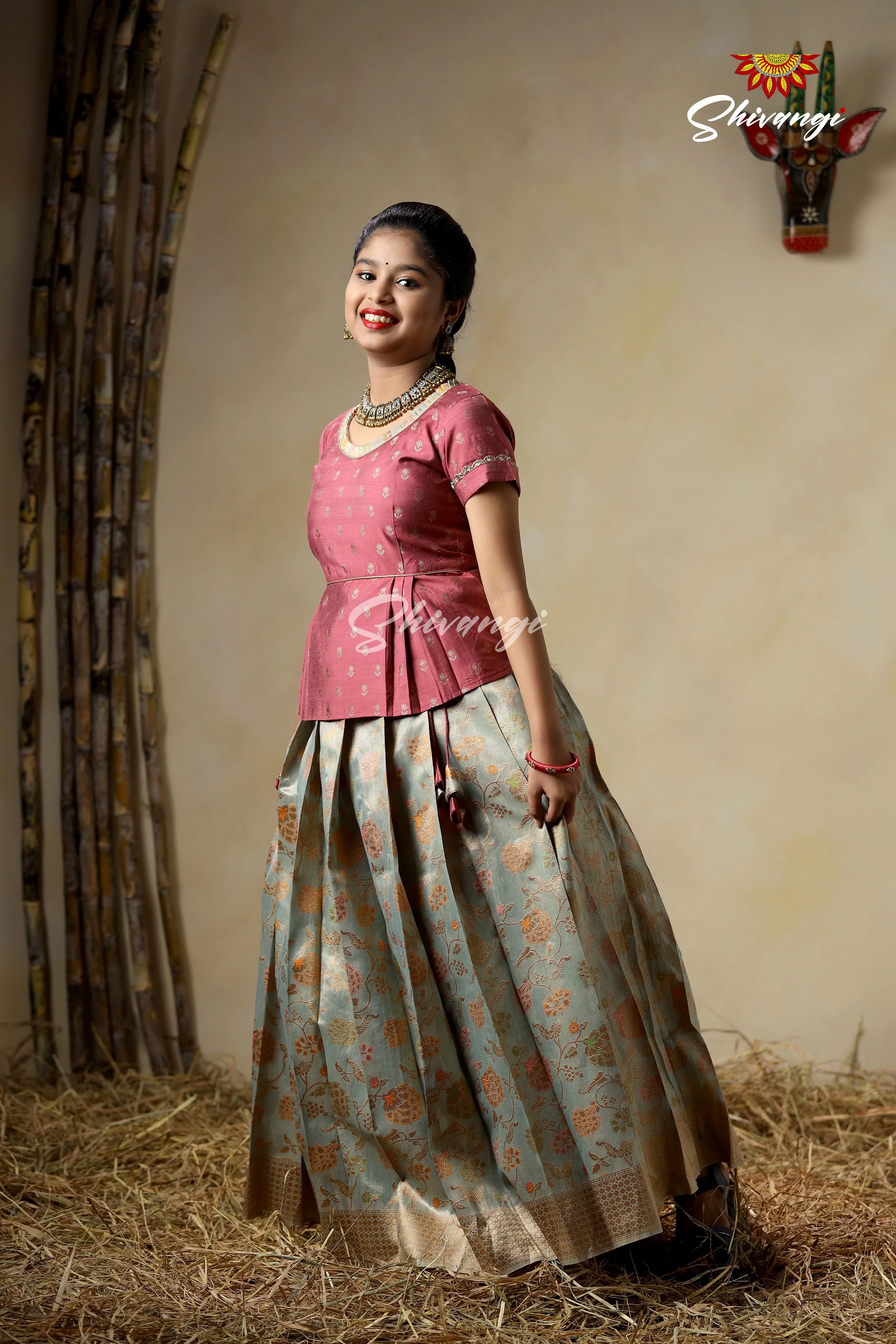 Girls Blue Pine Creeper Pattu Pavadai Langa Designs