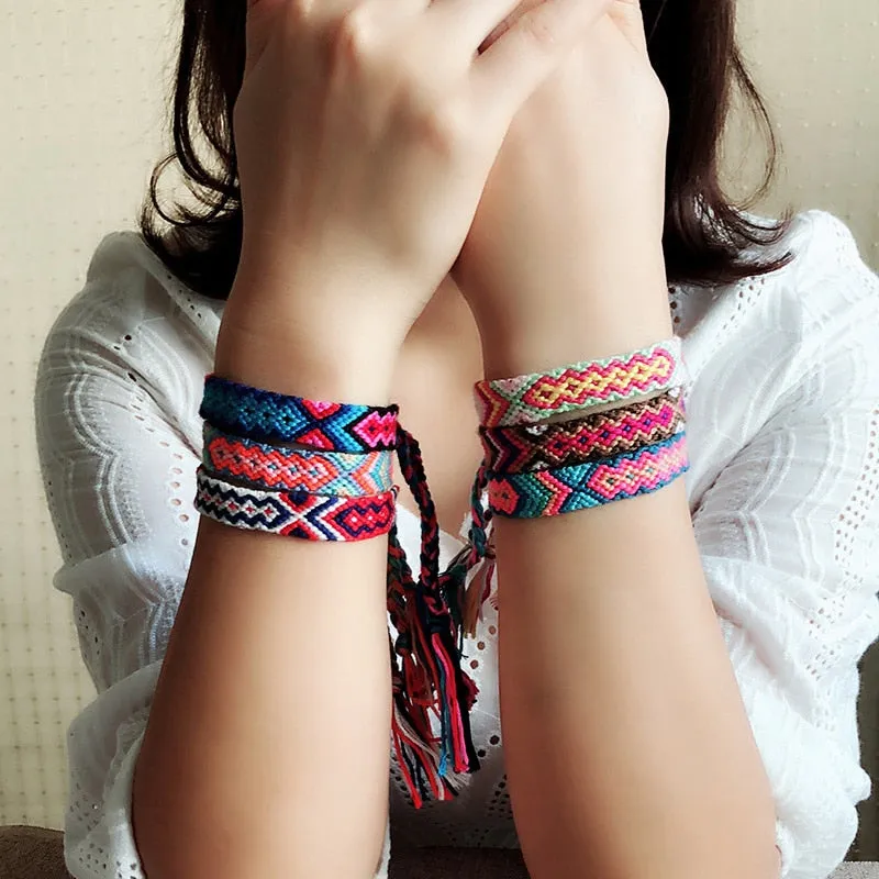 Hand Weave Braided Boho Bracelet Summer Beach Bohemian Vintage Cotton Rope String Nepal Yoga Ethnic Rainbow Woven Bracelets