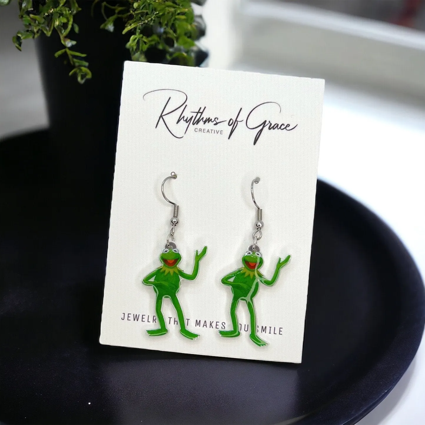 Kermit Earrings - Frog Earrings, Frog Prince, Frog Jewelry, Frog Accessories, Tadpole, Over the Rainbow, Amphibian, Toad Earrings