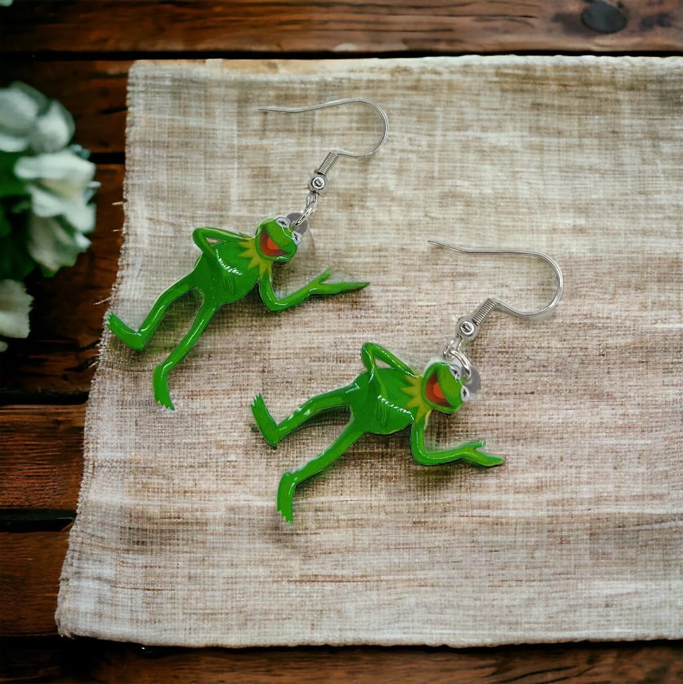 Kermit Earrings - Frog Earrings, Frog Prince, Frog Jewelry, Frog Accessories, Tadpole, Over the Rainbow, Amphibian, Toad Earrings