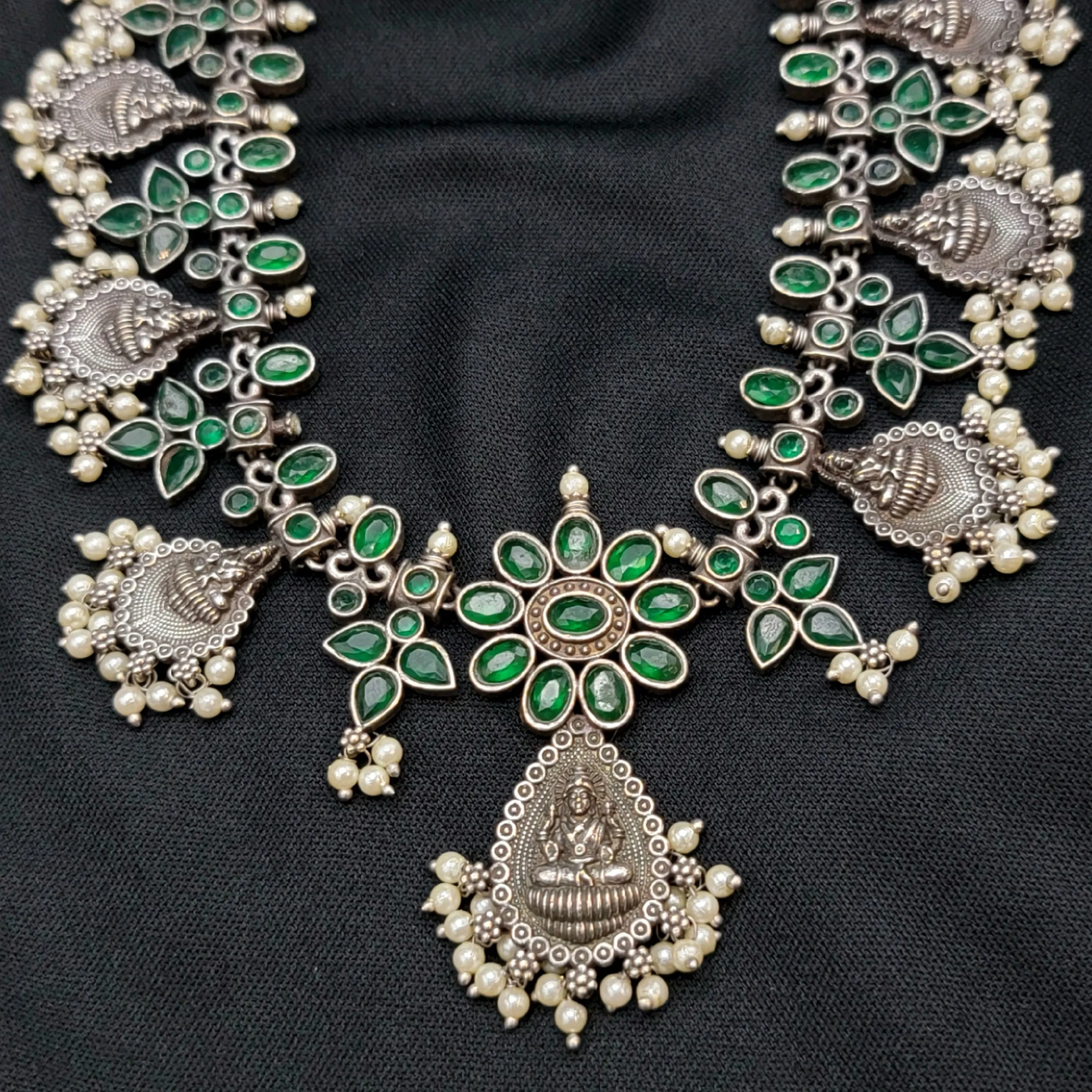 Lakshmi Long Emerald Green & White AD Guttapusalu Silver Alike Set