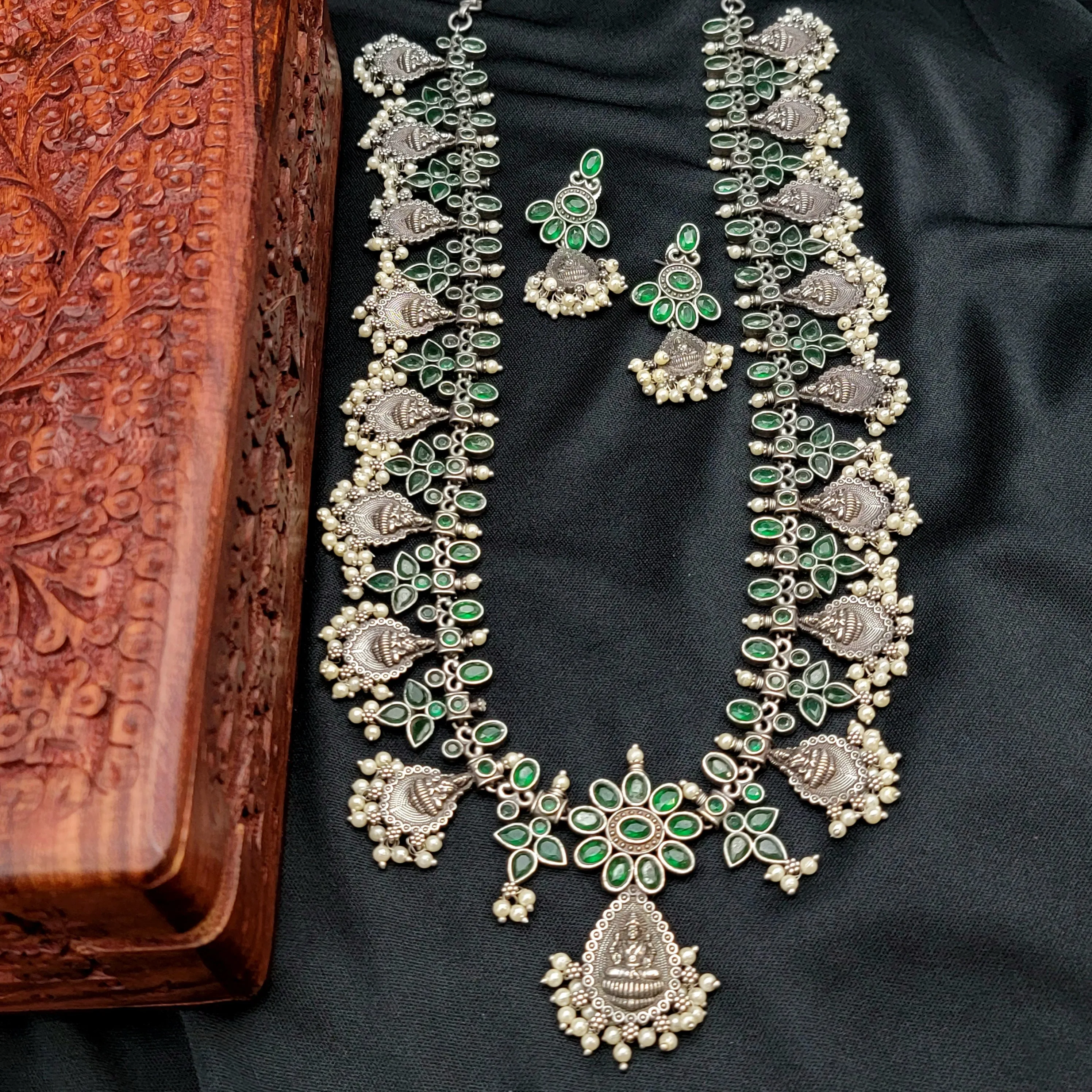 Lakshmi Long Emerald Green & White AD Guttapusalu Silver Alike Set