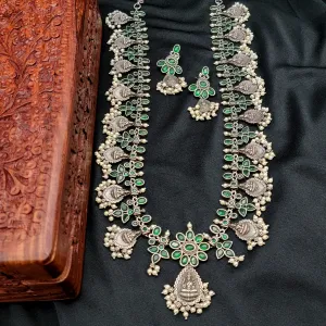 Lakshmi Long Emerald Green & White AD Guttapusalu Silver Alike Set