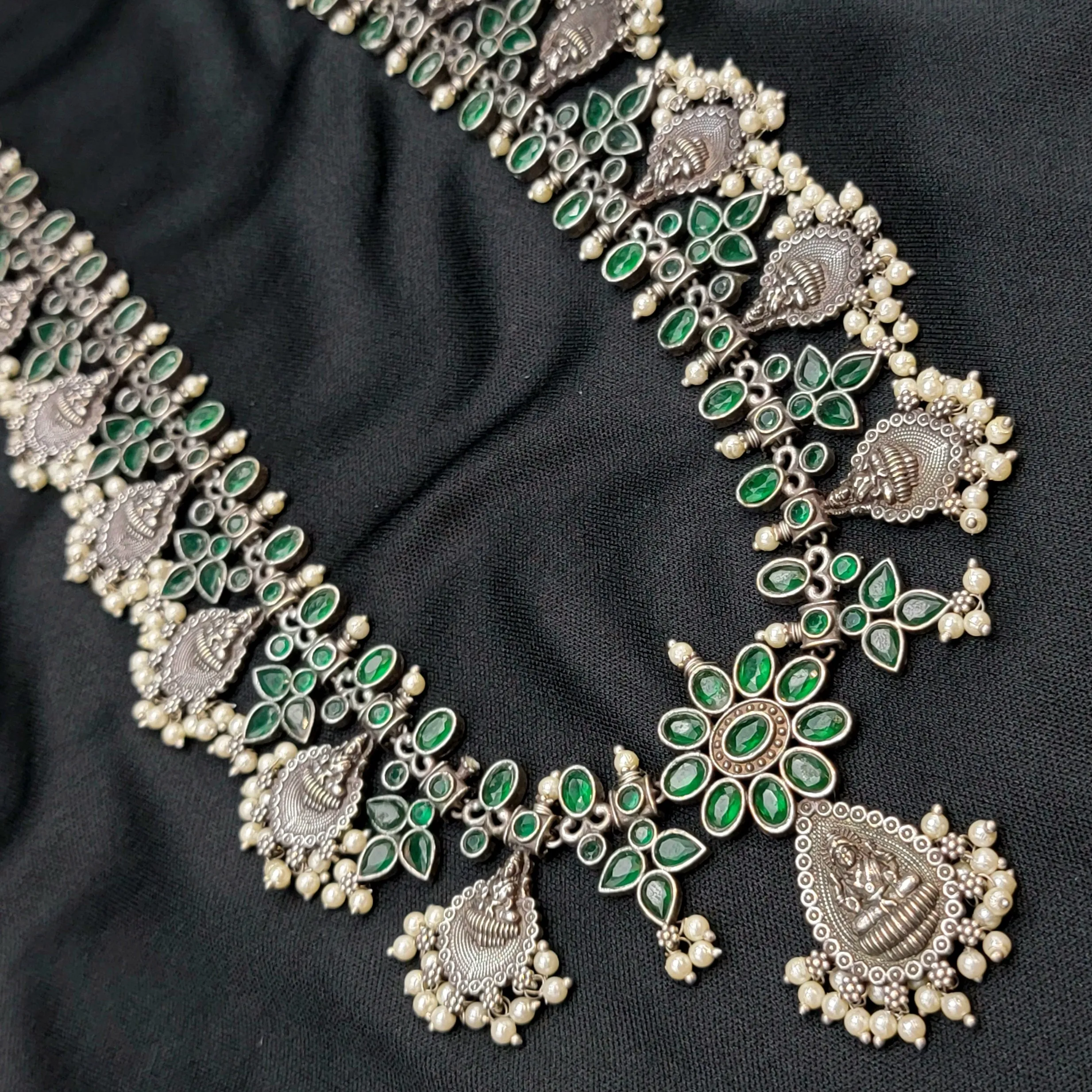 Lakshmi Long Emerald Green & White AD Guttapusalu Silver Alike Set