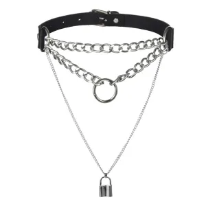 'Locked Up'  Black Faux Leather Padlock Chain Choker