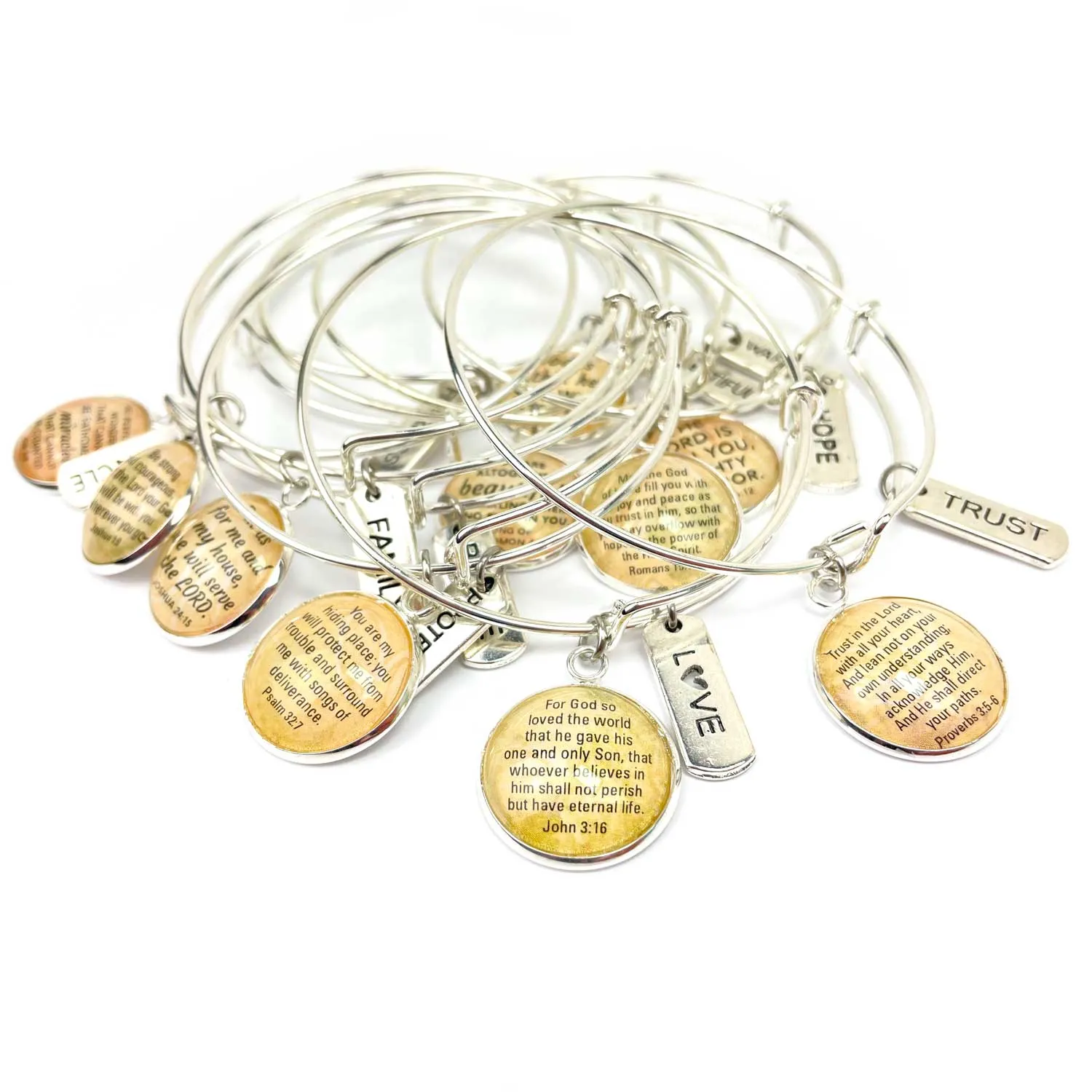 Miracle, Protected, Trust, Warrior, Word Scripture Charm Bangle Bracelet - Christian Affirmations Jewelry, Silver