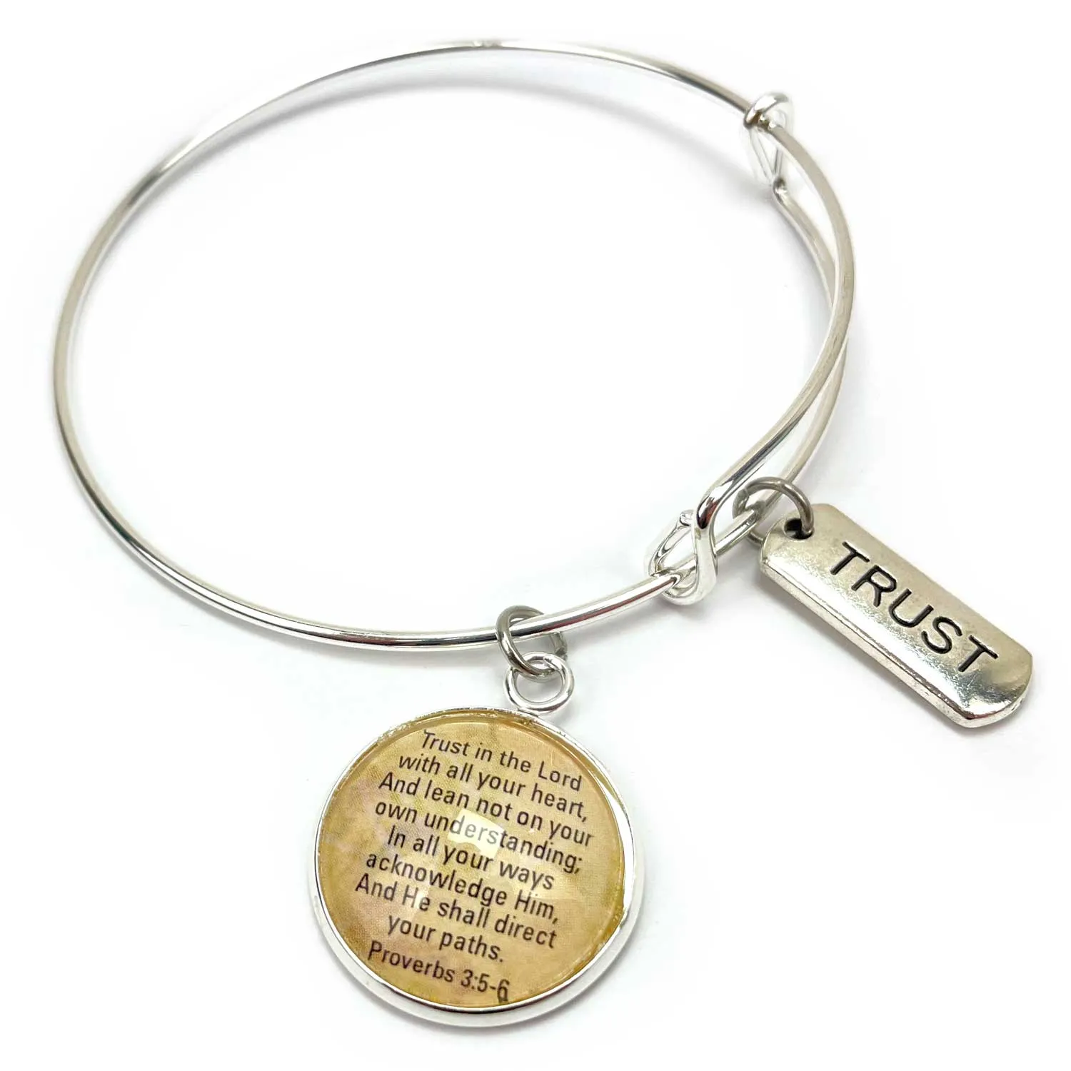 Miracle, Protected, Trust, Warrior, Word Scripture Charm Bangle Bracelet - Christian Affirmations Jewelry, Silver