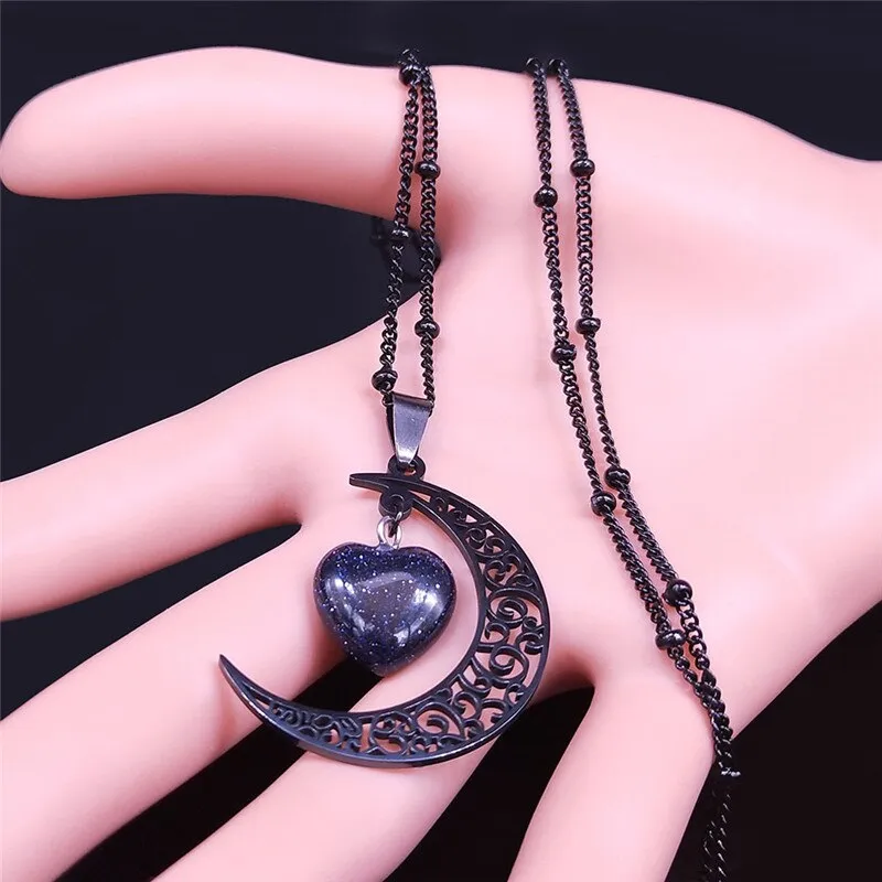 'Omens' Black Heart Moon Necklace