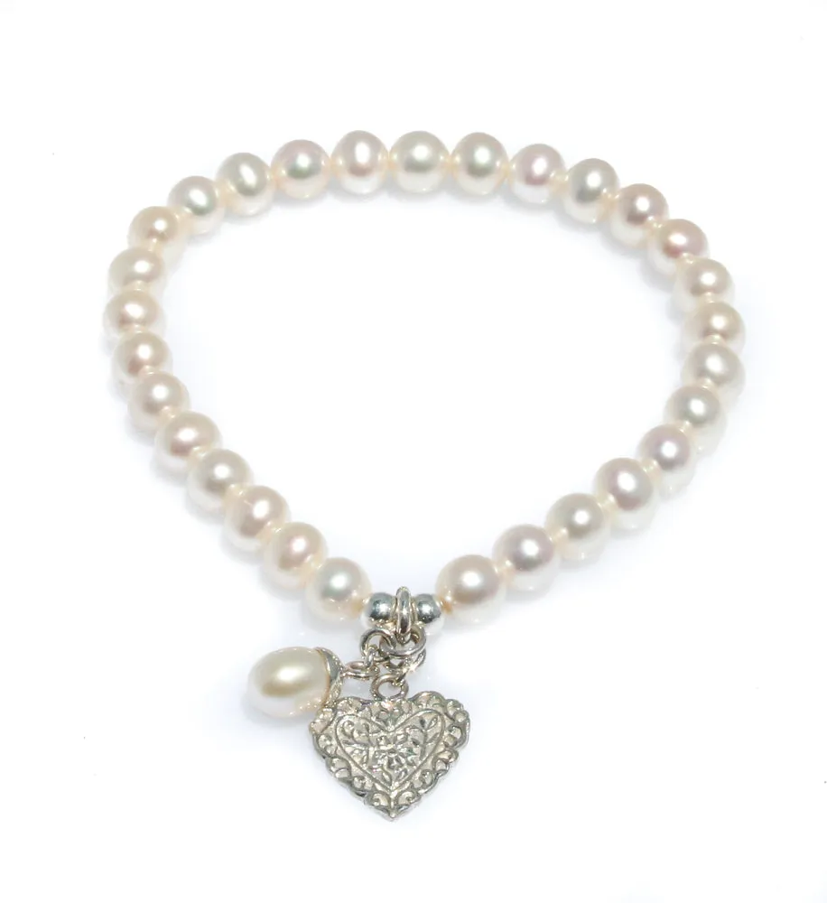 Pearl Bracelet With Sterling Silver Filagree Heart & Pearl Charm