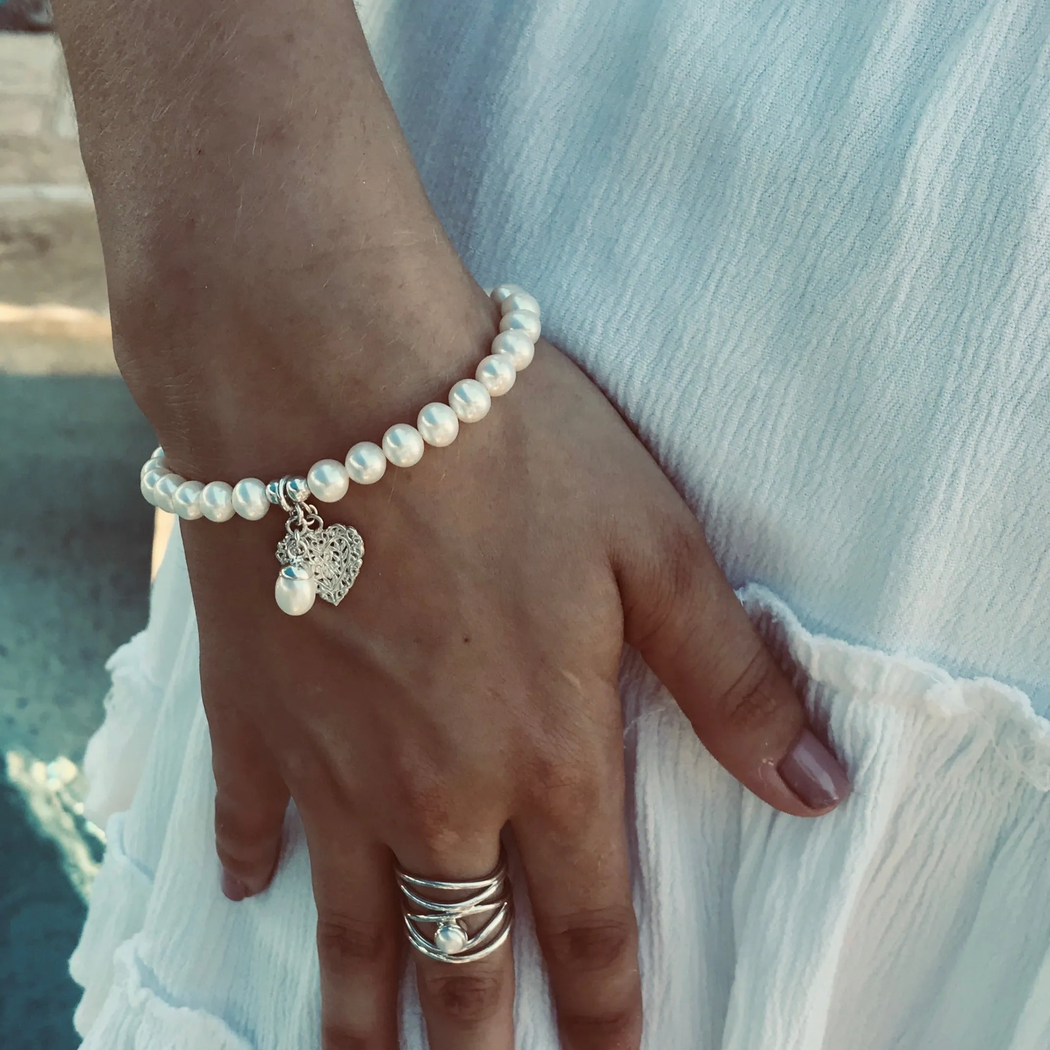 Pearl Bracelet With Sterling Silver Filagree Heart & Pearl Charm