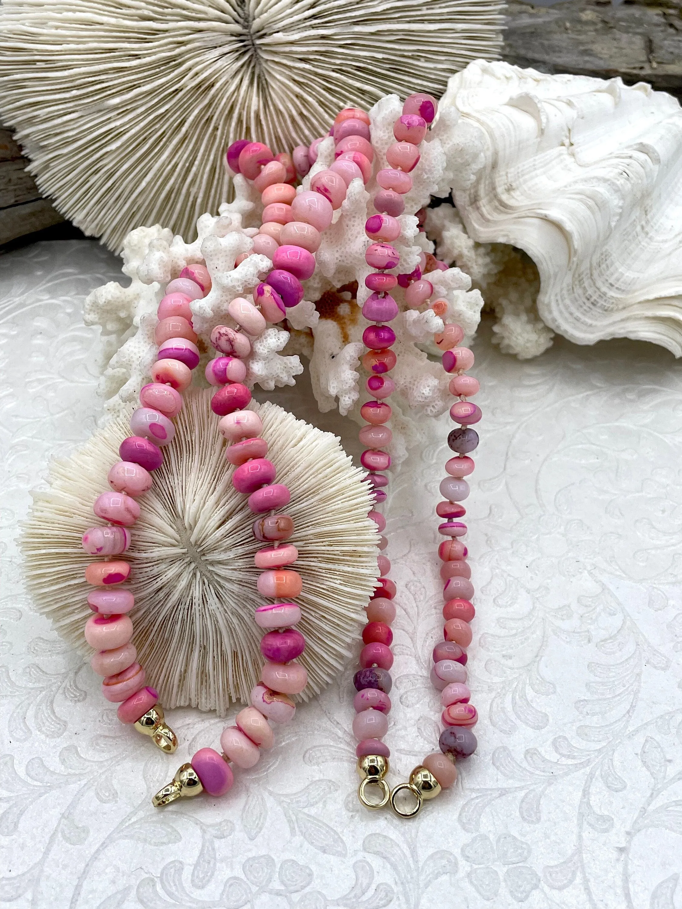 Peruvian Pink Mixed Opal Hand Knotted  Necklace, 16" Long, Rondelle Stones, 2 stone sizes, w/Gold Finished Ends, Candy Necklace, Fast Ship