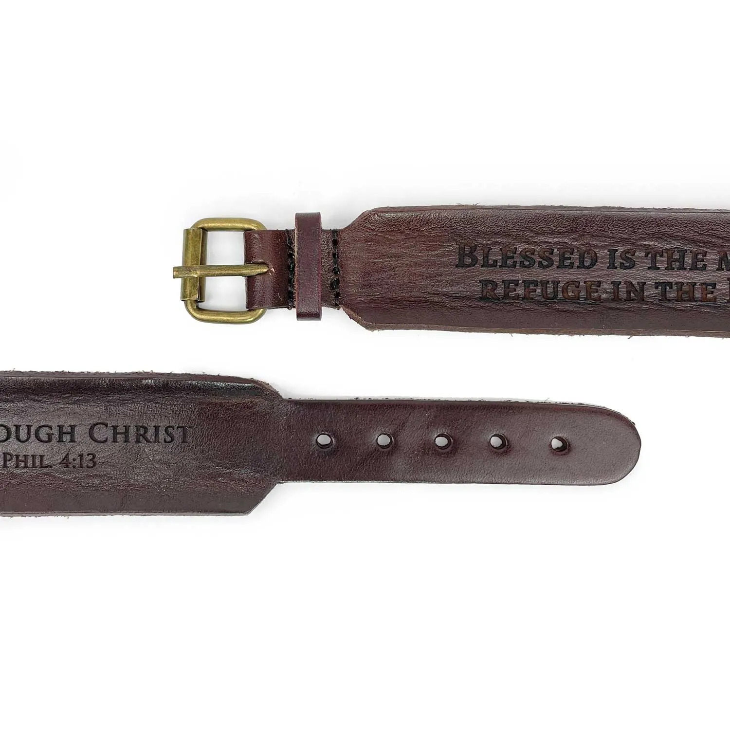 Joshua 1:9 Be Strong and Courageous - Brown Leather Bracelet with Laser-Engraving and Watch Band Clasp