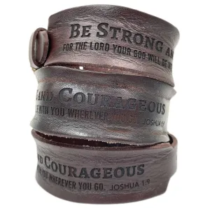 Joshua 1:9 Be Strong and Courageous - Brown Leather Bracelet with Laser-Engraving and Watch Band Clasp