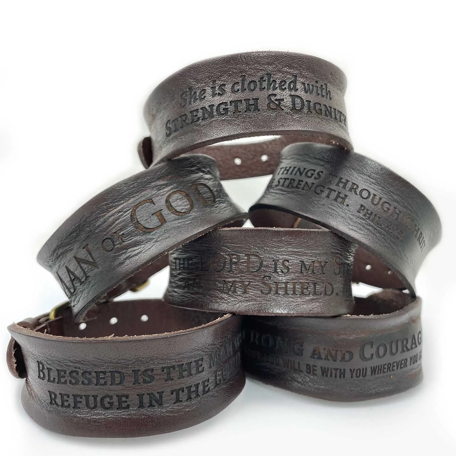 Joshua 1:9 Be Strong and Courageous - Brown Leather Bracelet with Laser-Engraving and Watch Band Clasp