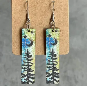 Rectangle Wooden Moonlit Tree Earrings