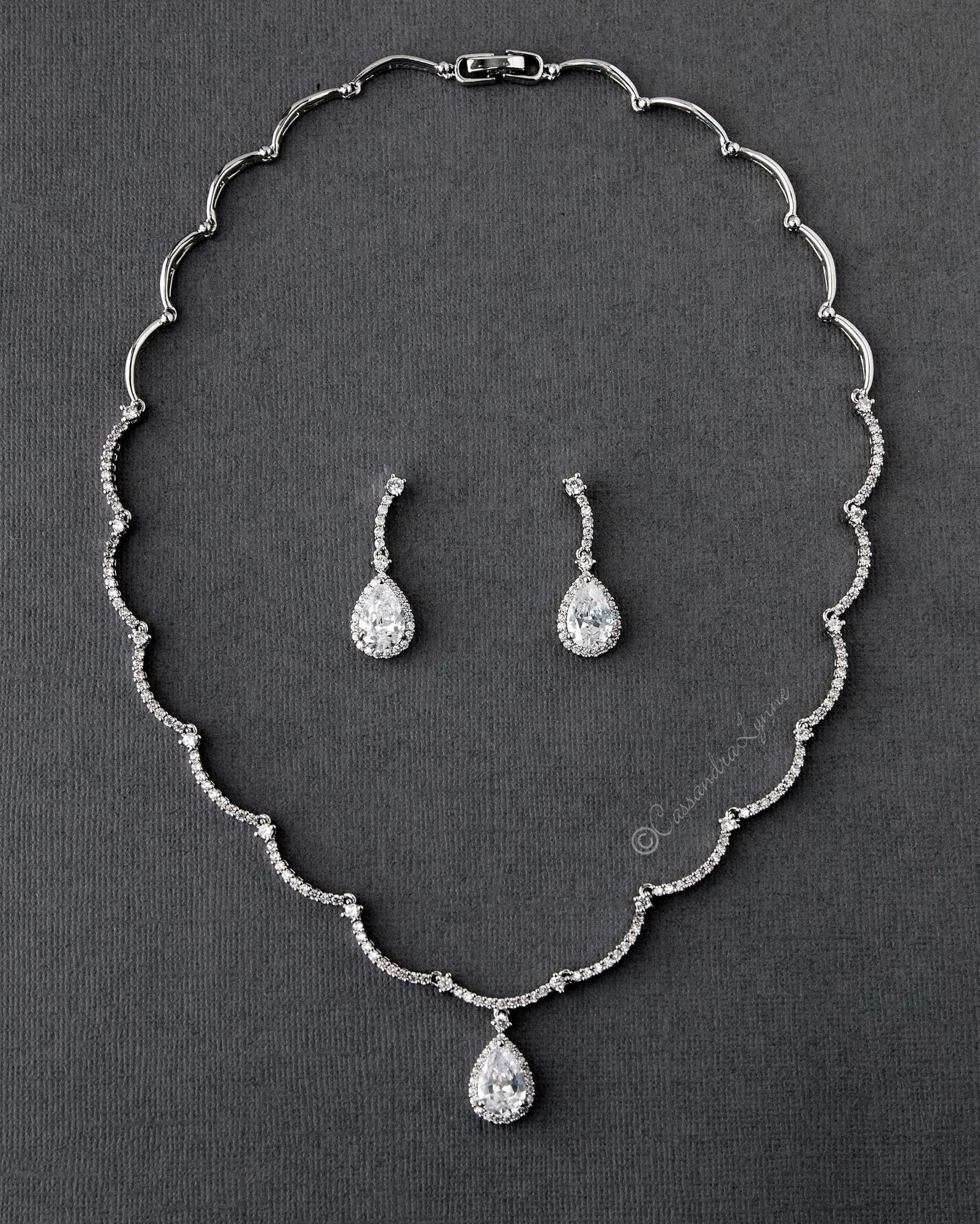 Scalloped CZ Wedding Necklace and Earrings