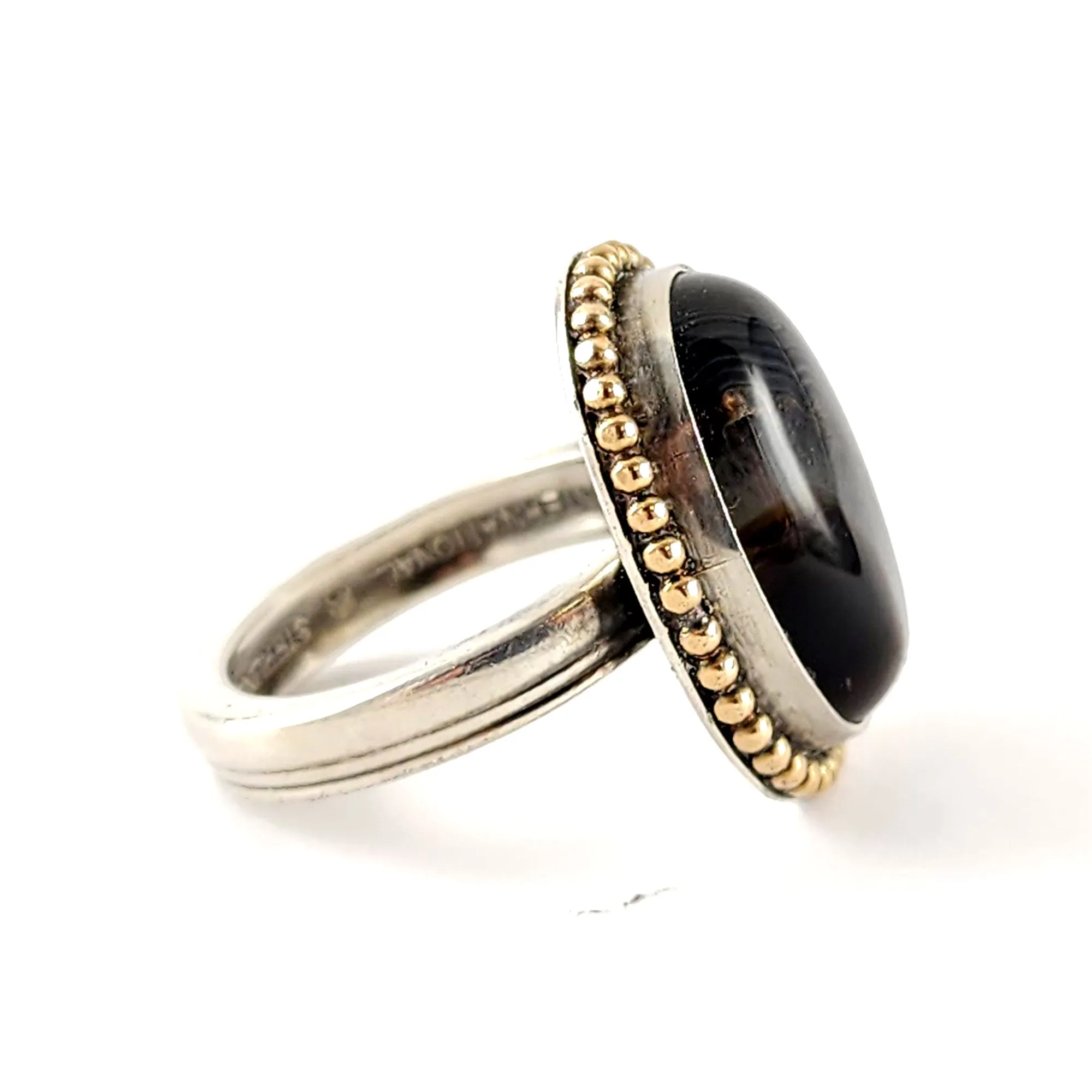 Sterling Silver Banded Black Agate Spoon Ring Size 6.5