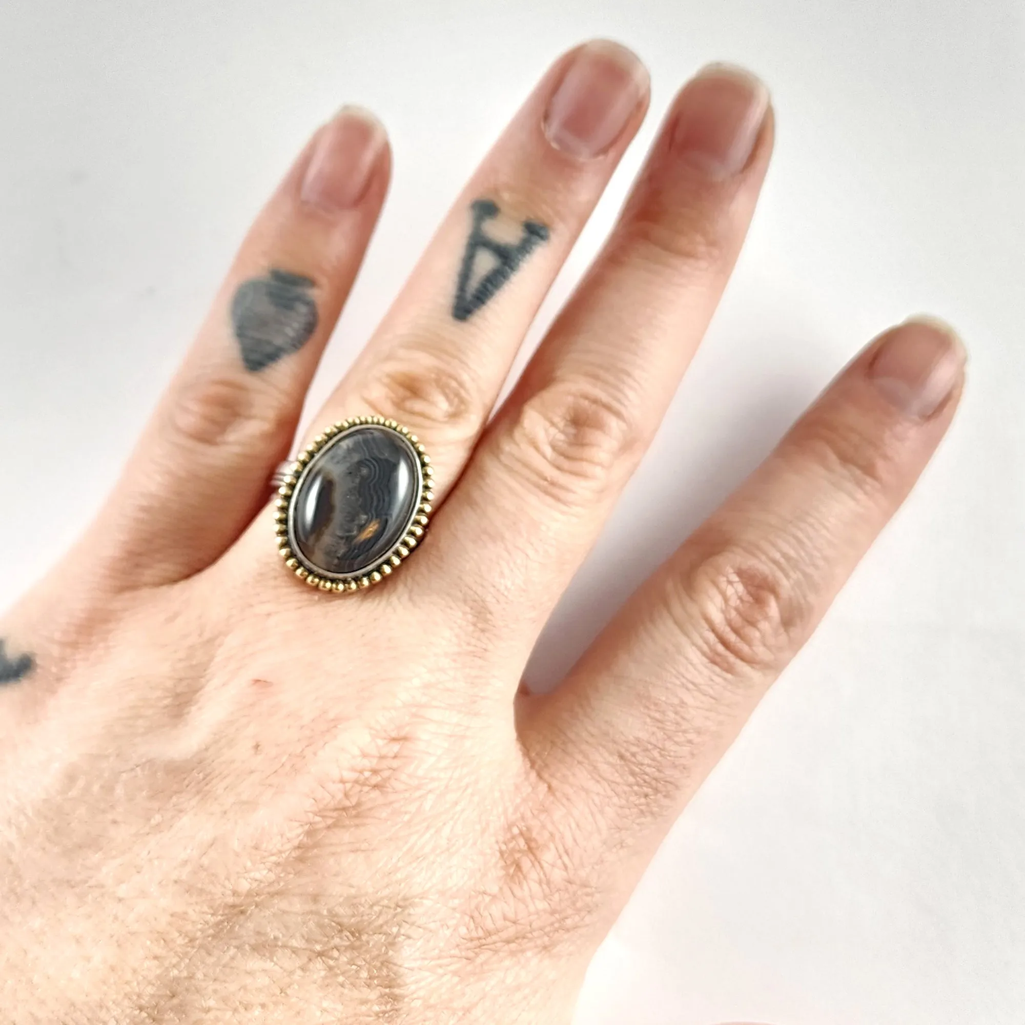 Sterling Silver Banded Black Agate Spoon Ring Size 6.5