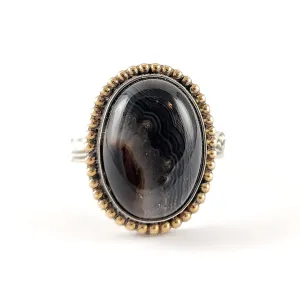 Sterling Silver Banded Black Agate Spoon Ring Size 6.5