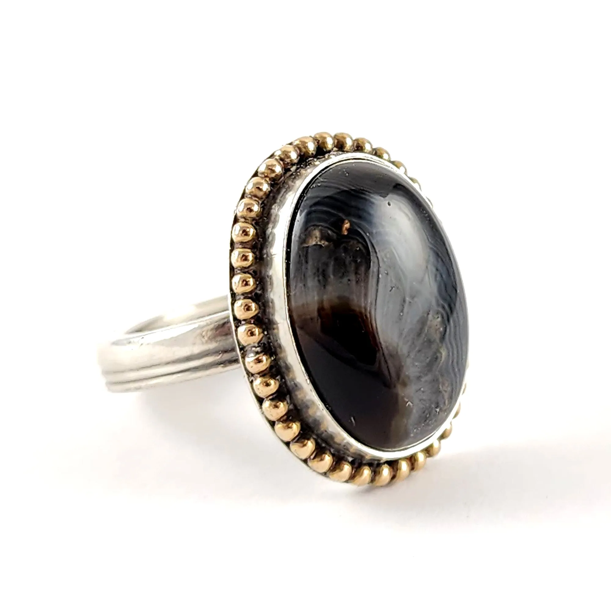 Sterling Silver Banded Black Agate Spoon Ring Size 6.5