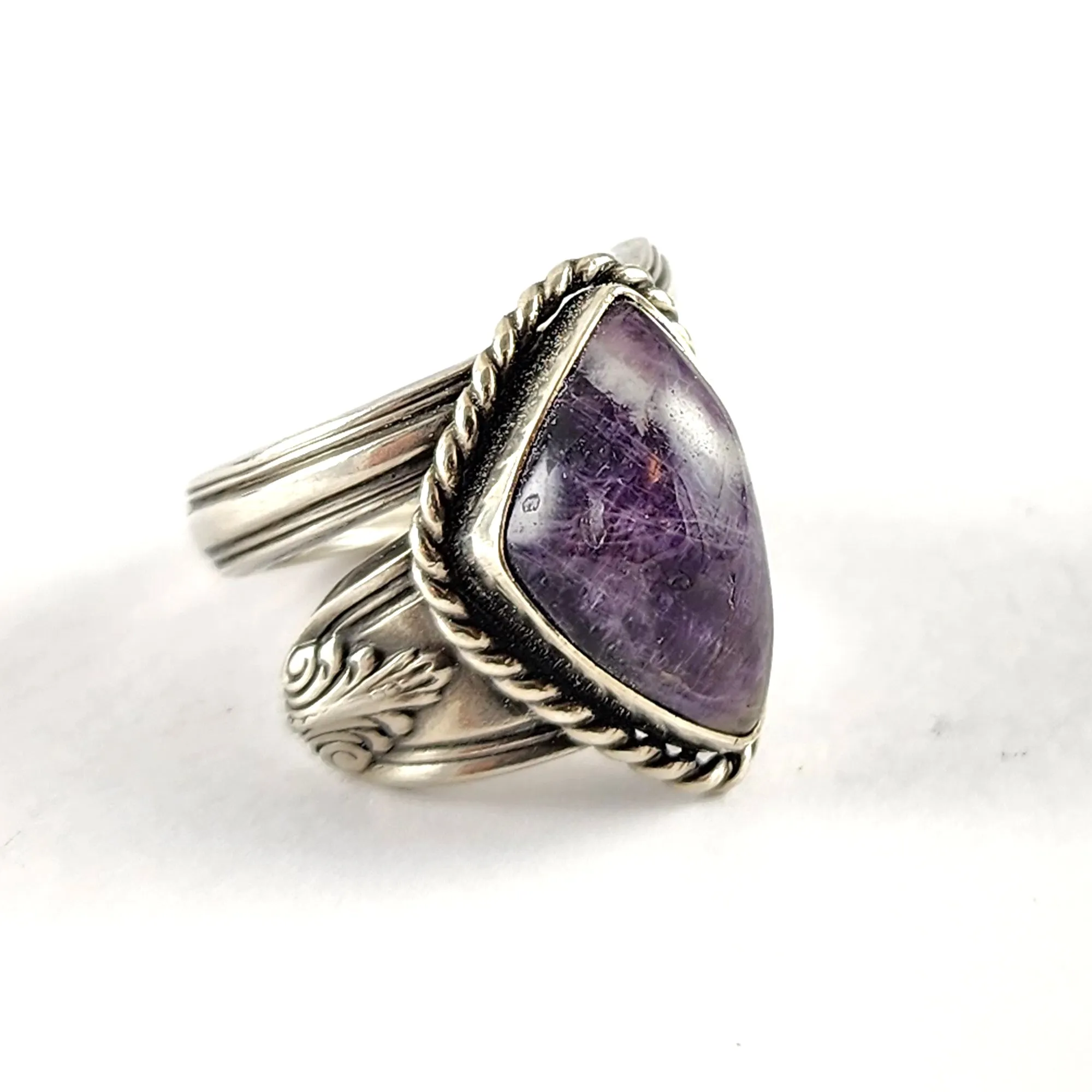 Sterling Silver Chevron Amethyst Spoon Ring Size 9