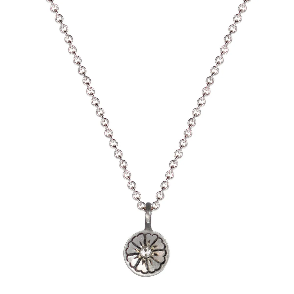 Sterling Silver Engraved Flower Pendant with Diamond