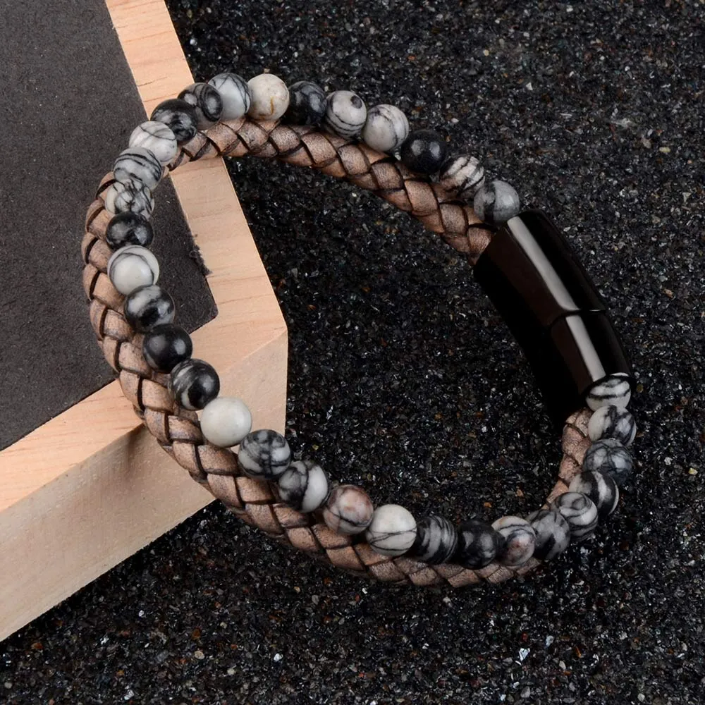 Vedazzling Natural Stone Bracelets Genuine Leather Braided Bracelet