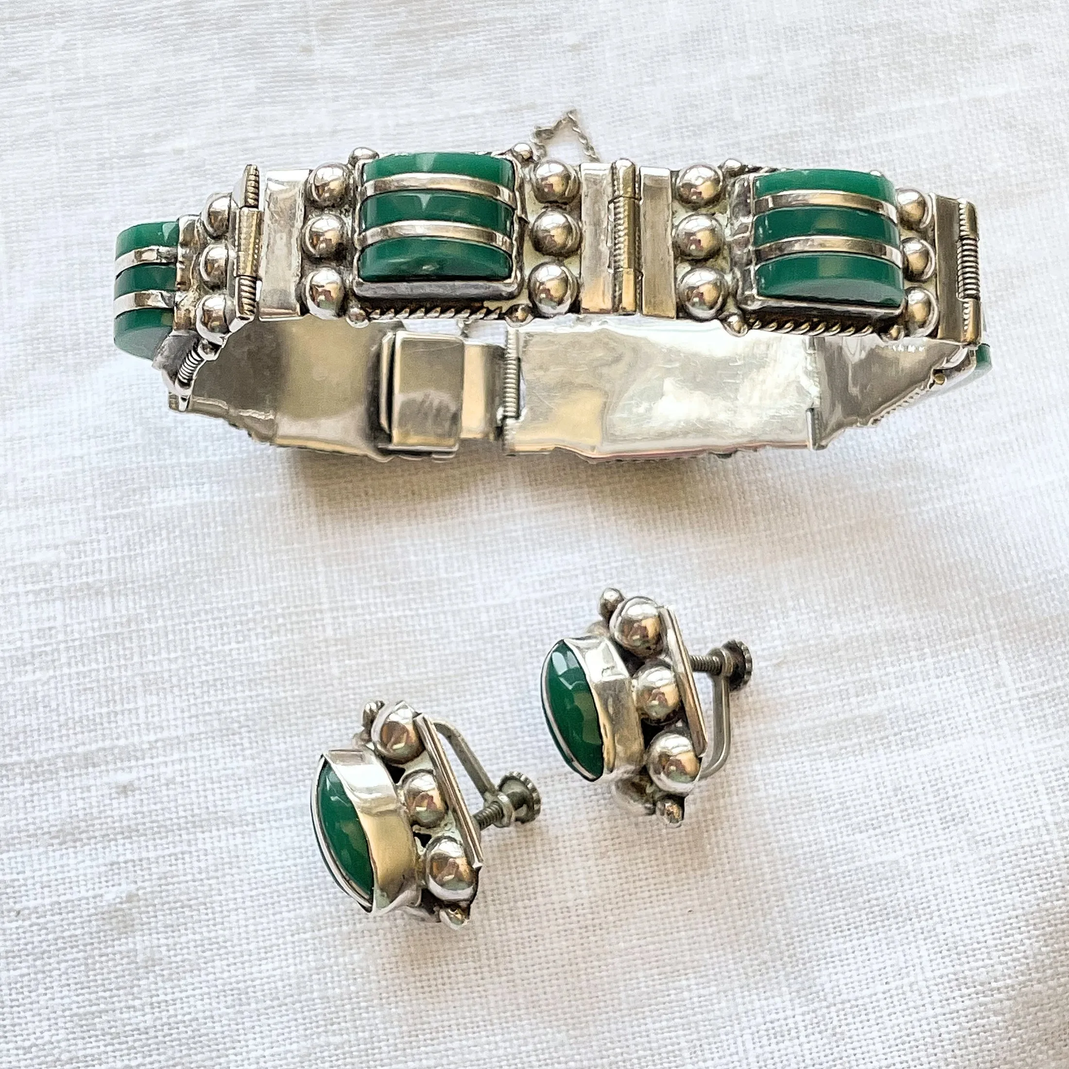 Vintage 40s Mexican Sterling Silver/Green Onyx Bracelet & Earring Set, Mexican Silver Demi Parure