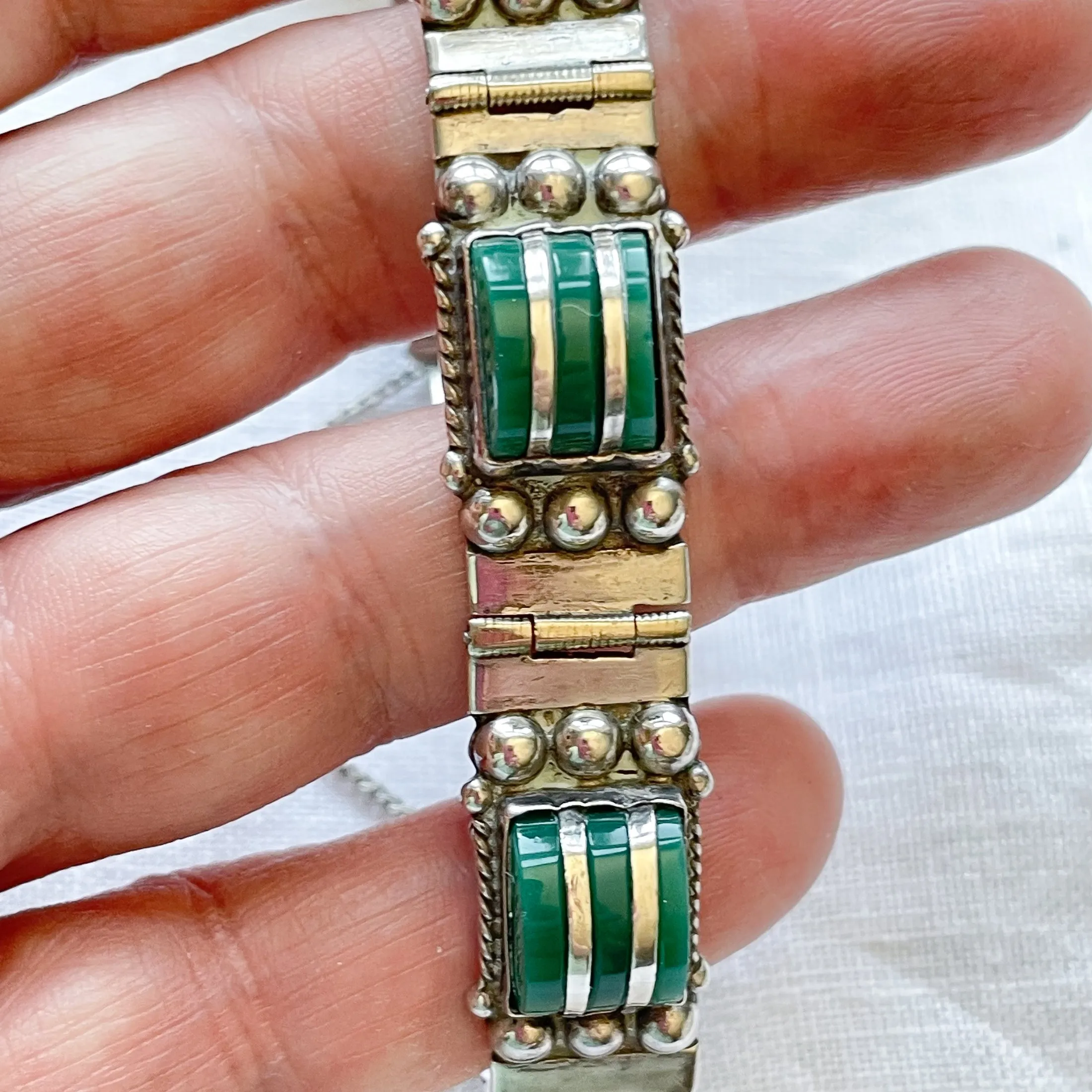 Vintage 40s Mexican Sterling Silver/Green Onyx Bracelet & Earring Set, Mexican Silver Demi Parure